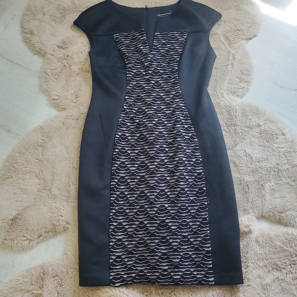 Connected‎ Apparel Blue and White Sheath Dress Cap Sleeve Crew Neck Size 6